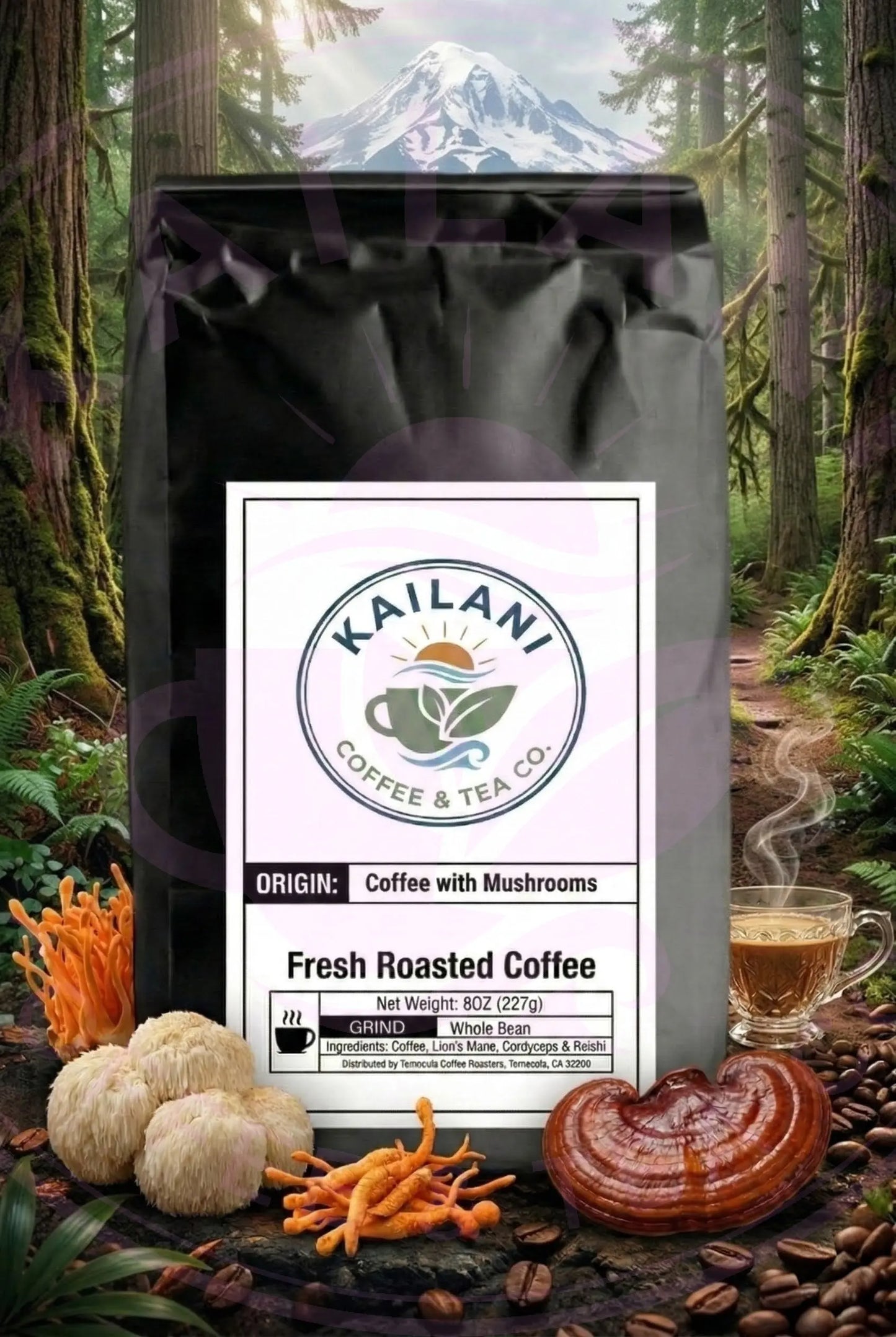 Coffee with Mushrooms Medium Roast - 8oz | Kailani Coffee & Tea Co. coffee bag with a forest and mountain background