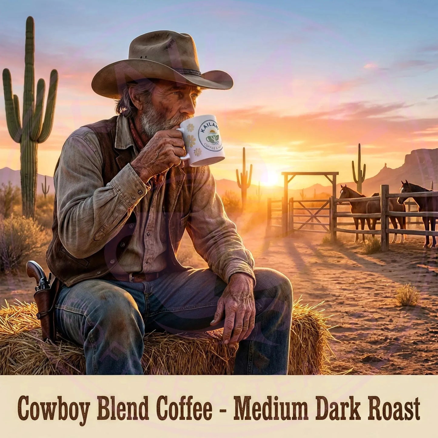 Man in cowboy hat drinking Kailani Coffee Cowboy Blend with the Arizona desert landscape and sunset in the background on a horse ranch