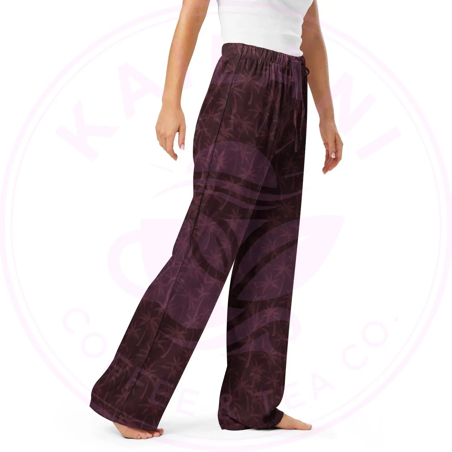 Burgundy Palms Women's Pajama Pants - Silky Polyester Loungewear - Kailani Coffee & Tea Co.