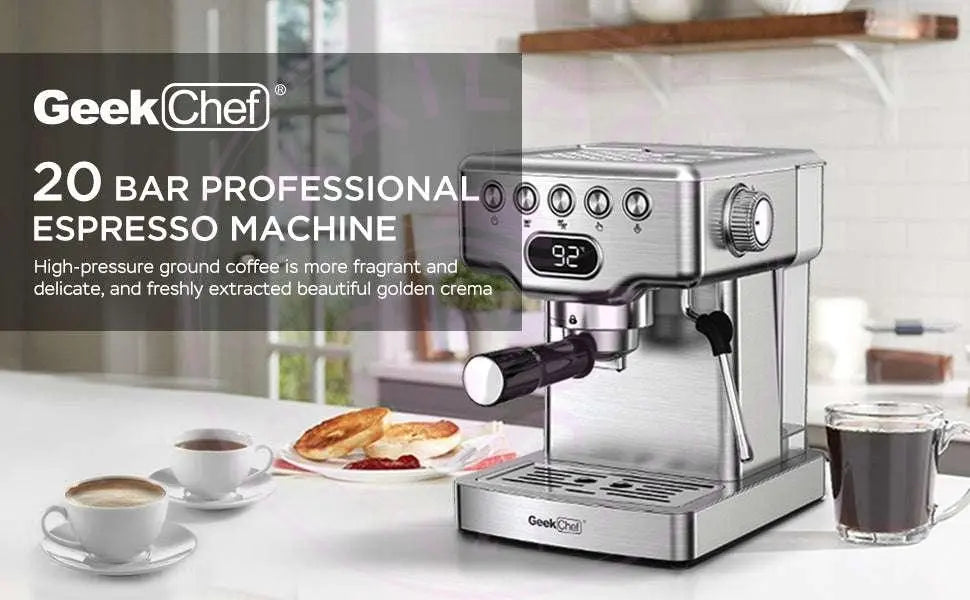Geek Chef Espresso Machine, 20 Bar Espresso Machine With Milk Frother For Latte, Cappuccino, Macchiato, For Home Espresso Maker, 1.8L Water Tank, Stainless Steel, Ban On Amazon Royalessencelux