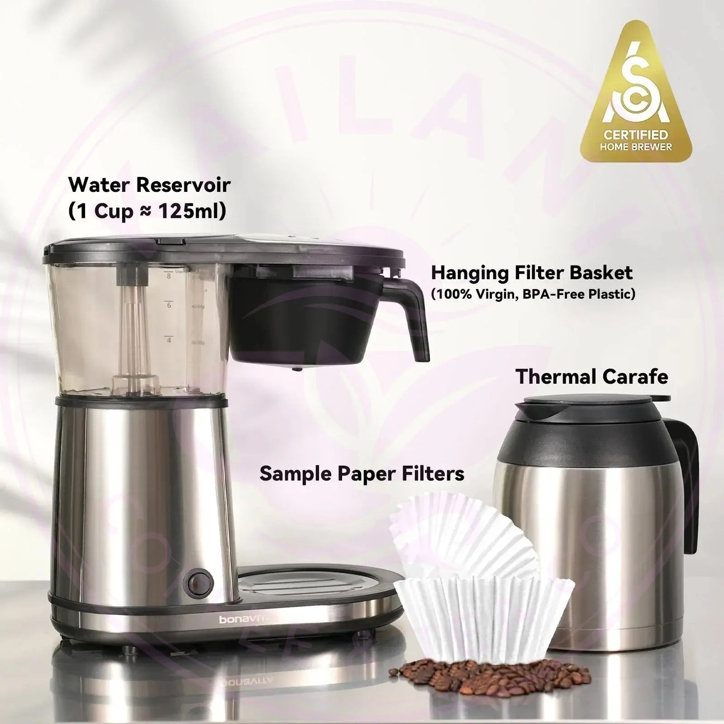 Connoisseur 8-Cup Drip Coffee Brewer One-Touch with Thermal Carafe and Hanging Basket - SCA Certified Home Brewer Bonavita