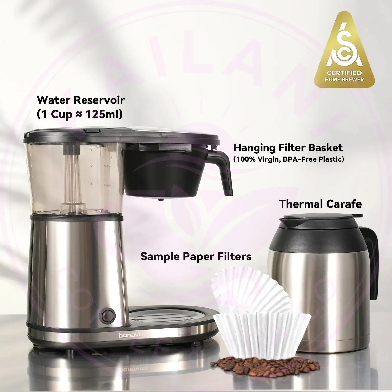 Connoisseur 8-Cup Drip Coffee Brewer One-Touch with Thermal Carafe and Hanging Basket - SCA Certified Home Brewer Bonavita