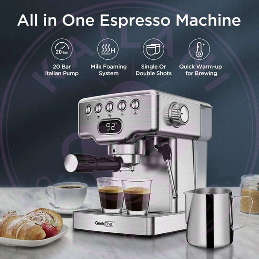 Geek Chef Espresso Machine, 20 Bar Espresso Machine With Milk Frother For Latte, Cappuccino, Macchiato, For Home Espresso Maker, 1.8L Water Tank, Stainless Steel, Ban On Amazon Royalessencelux