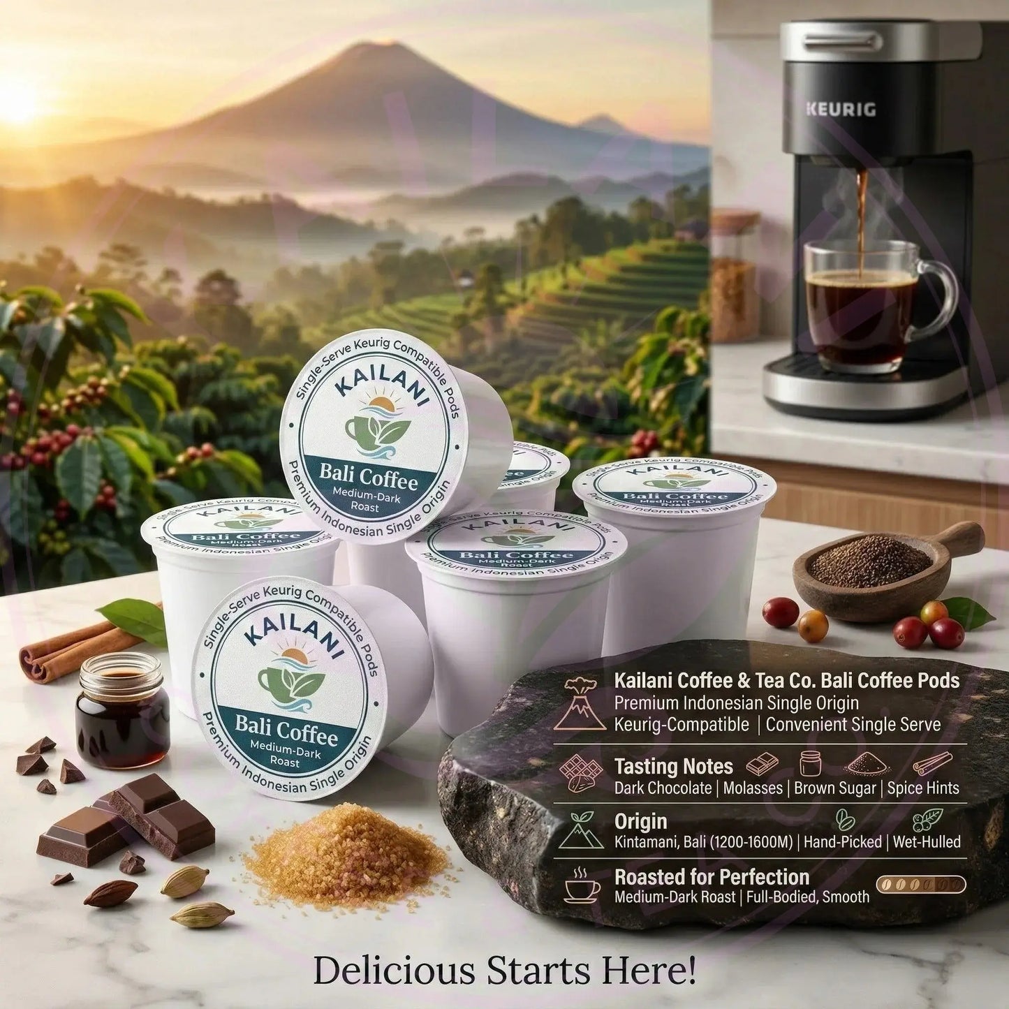 Bali Coffee Pods - Med/Dark Indonesian Single Origin 12ct with information - Kailani Coffee & Tea Co.