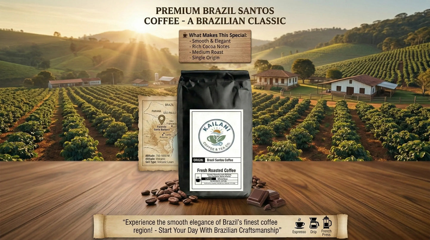 Brazil Santos Coffee - Medium Roast | Kailani Coffee on a wooden surface with a scenic background of coffee plants and a house in a 16:9 format