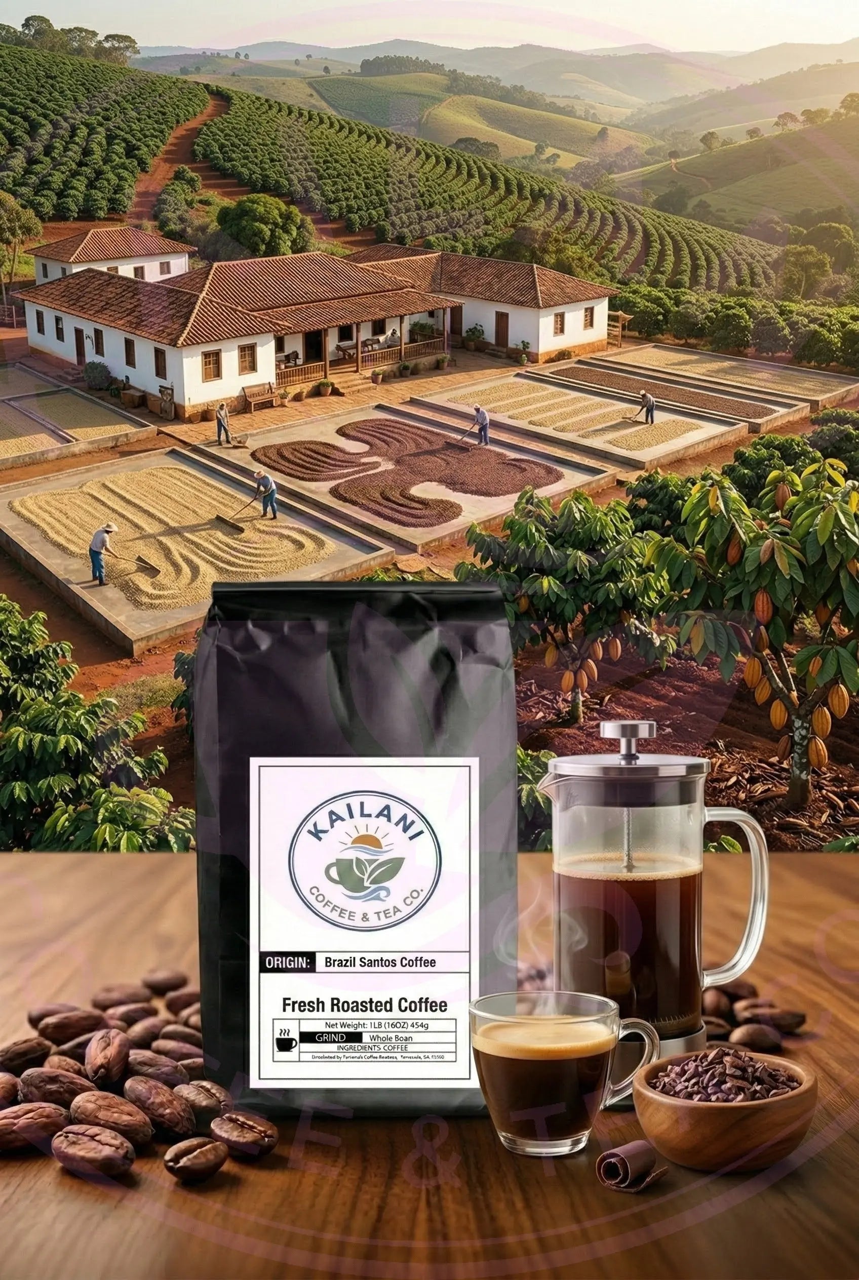 Brazil Santos Coffee - Medium Roast | Kailani Coffee bag with coffee beans, a French press, and a cup of coffee on a wooden surface with a coffee farm in the background.