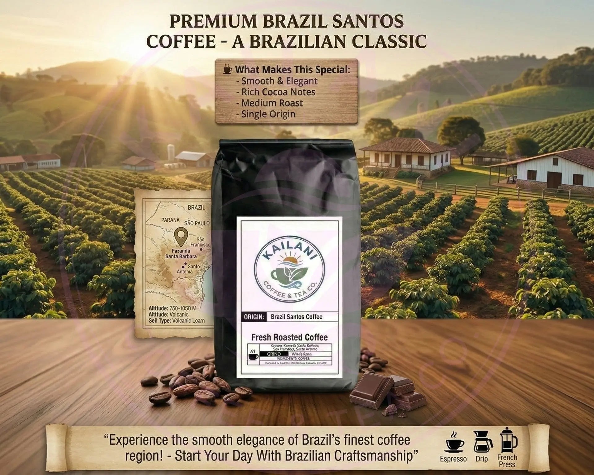 Brazil Santos Coffee - Medium Roast | Kailani Coffee on a wooden surface with a scenic background of coffee plants and a house.