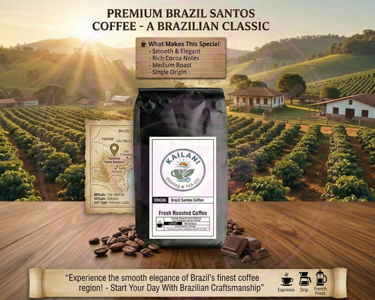 Brazil Santos Coffee - Medium Roast | Kailani Coffee on a wooden surface with a scenic background of coffee plants and a house.
