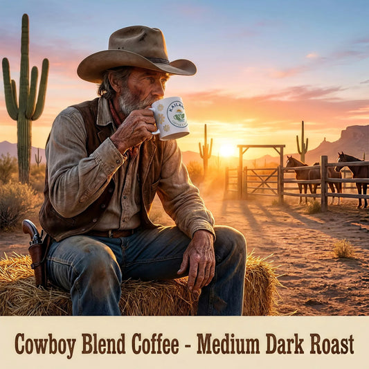 Man in cowboy hat drinking Kailani Coffee Cowboy Blend with the Arizona desert landscape and sunset in the background on a horse ranch