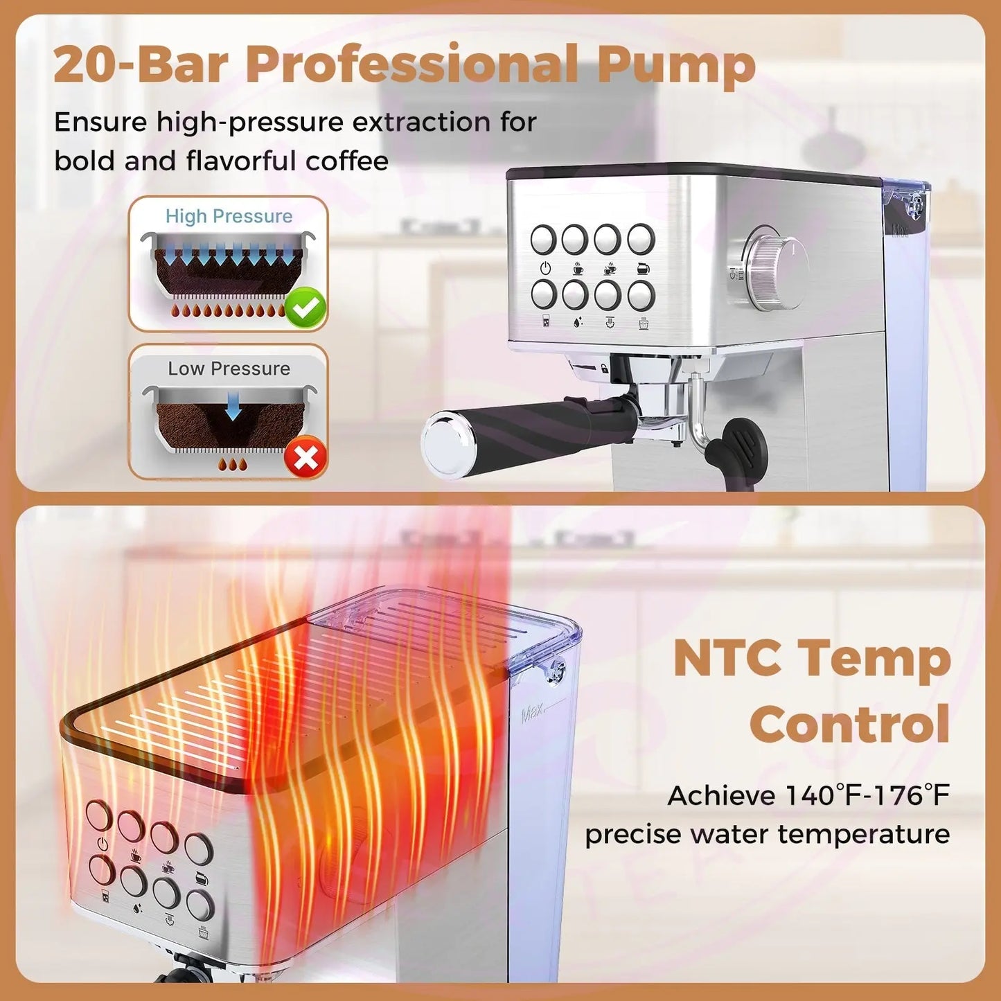 Espresso Machine 20 Bar Compact Stainless Steel Coffee Maker