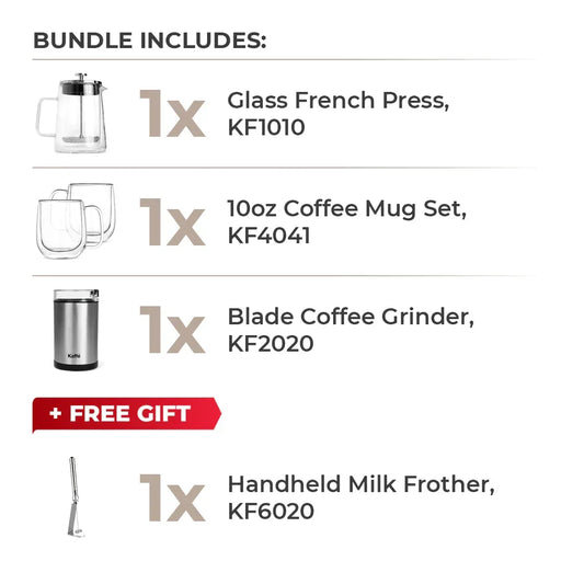 Glass French Press Coffee Bundle - Press, Mugs & Grinder Set | KF1010 - Kailani Coffee & Tea Co.