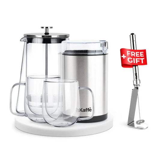 Glass French Press Coffee Bundle - Press, Mugs & Grinder Set | KF1010 - Kailani Coffee & Tea Co.