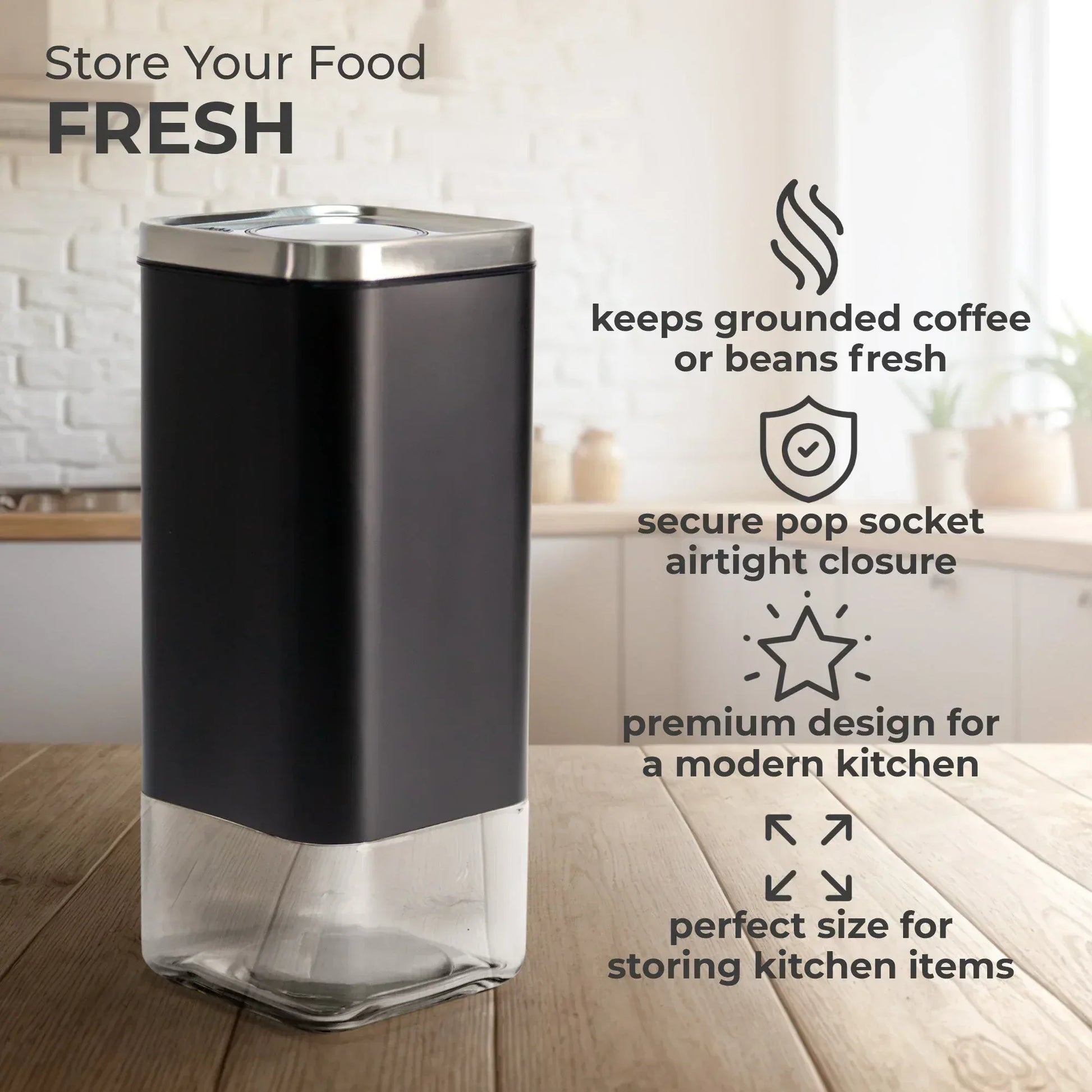 Glass Storage Container | 16oz Square Coffee Jar - Kailani Coffee & Tea Co.