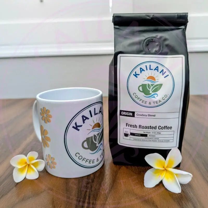 Kailani Coffee Mug with Cowboy Blend Kailani Coffee bag
