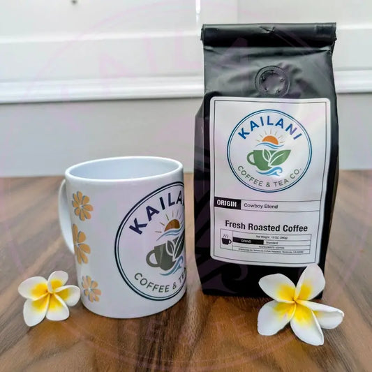 Kailani Coffee Mug with Cowboy Blend Kailani Coffee bag