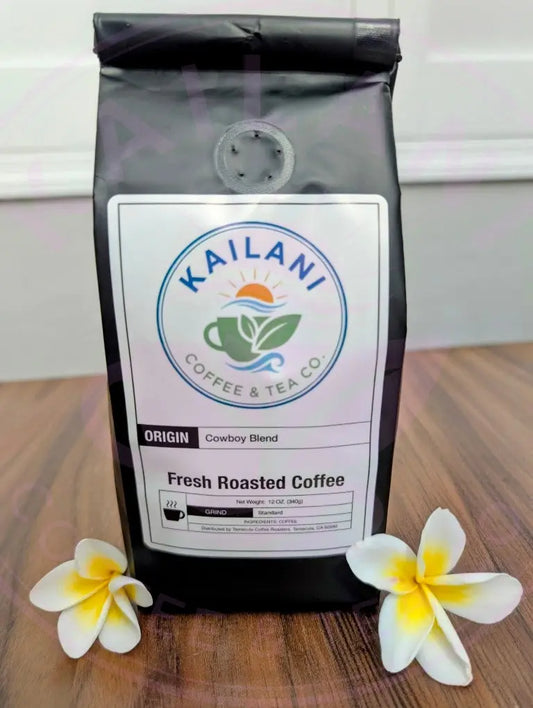 Kailani Coffee Cowboy Blend bag with flowers