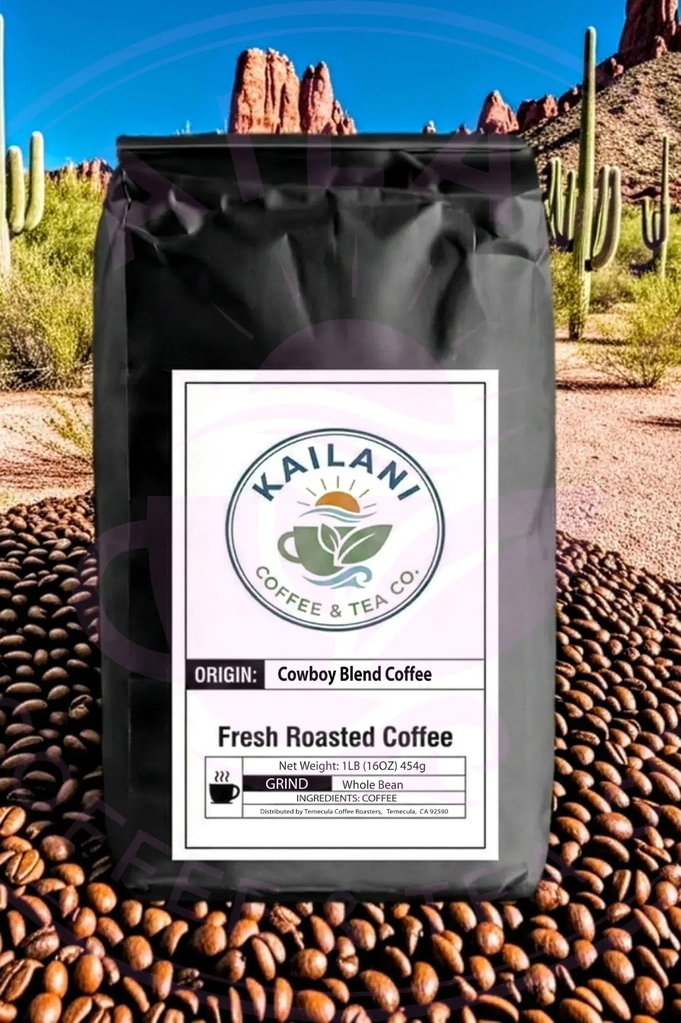 Kailani Coffee & Tea Co. coffee "Cowboy Blend" bag with the Arizona desert landscape in the background