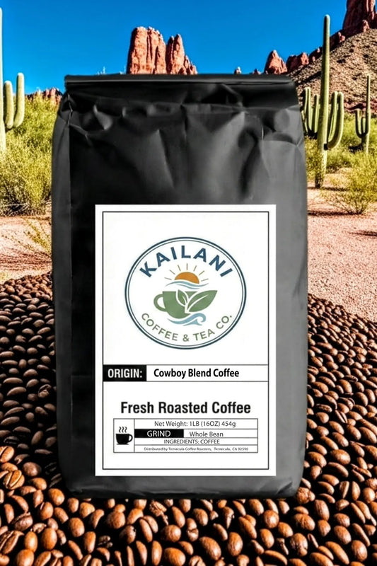 Kailani Coffee & Tea Co. coffee "Cowboy Blend" bag with the Arizona desert landscape in the background