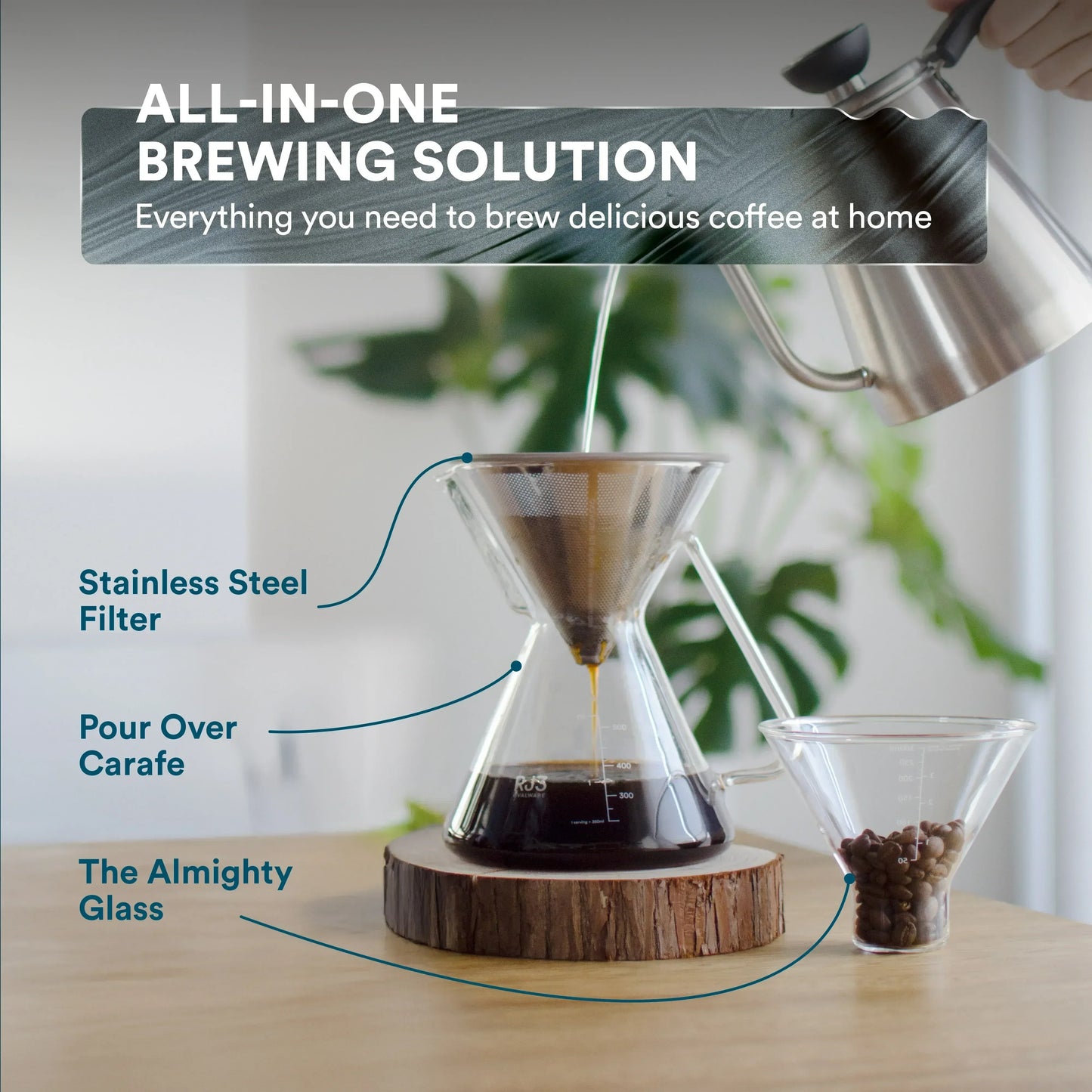 Pour Over Coffee Maker & Filter Set - 500ml/17oz Glass Carafe Dripper - Kailani Coffee & Tea Co.