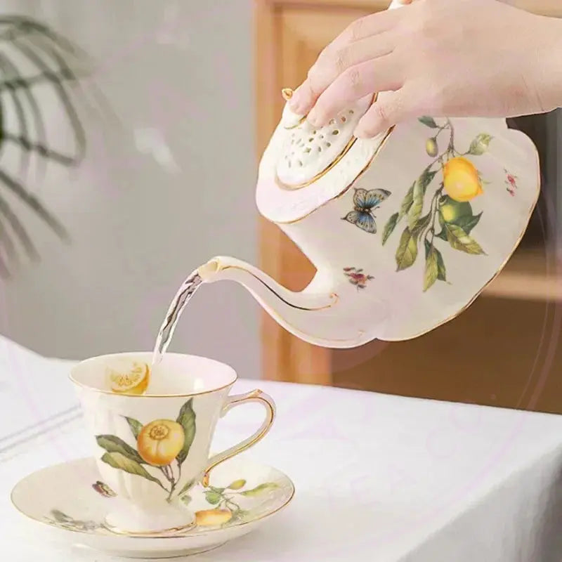 Gold Edge Lemon Teapot Set - Ceramic Mug & Saucer Collection - Kailani Coffee & Tea Co.