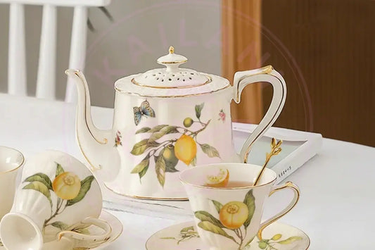 Gold Edge Lemon Teapot Set - Ceramic Mug & Saucer Collection Decorbites