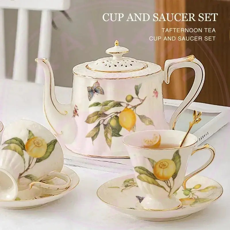 Gold Edge Lemon Teapot Set - Ceramic Mug & Saucer Collection - Kailani Coffee & Tea Co.