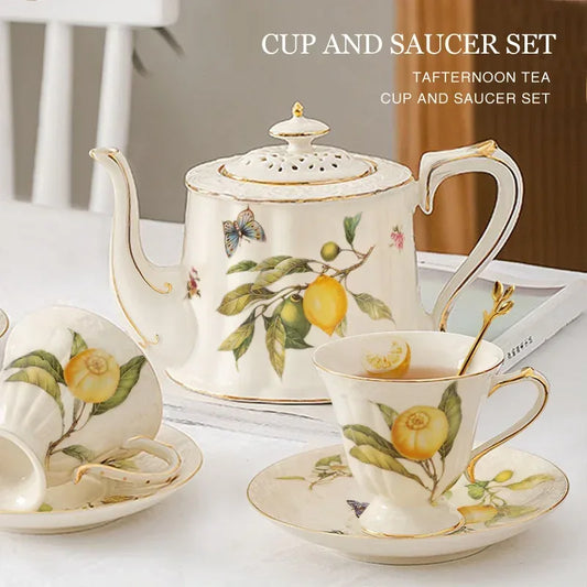 Gold Edge Lemon Teapot Set - Ceramic Mug & Saucer Collection - Kailani Coffee & Tea Co.