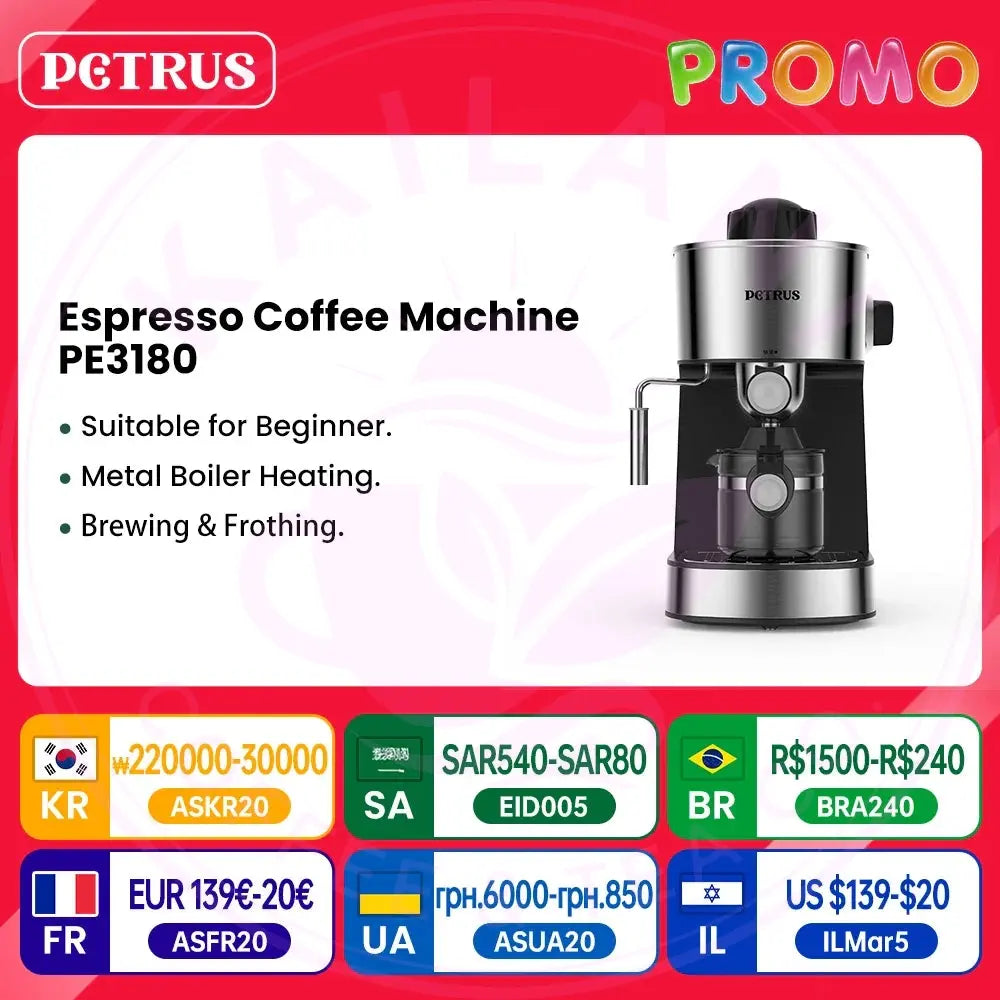 Petrus Espresso Machine with Milk Frother - 220V