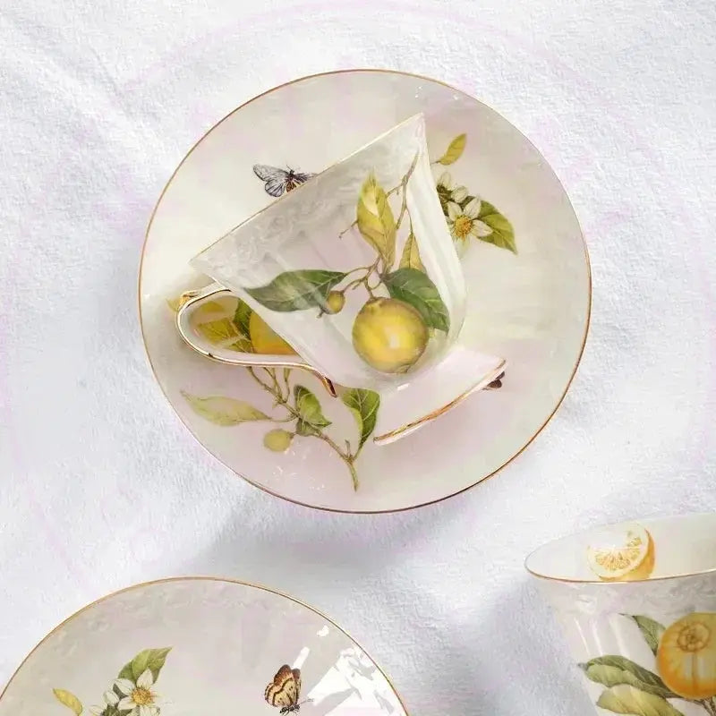 Gold Edge Lemon Teapot Set - Ceramic Mug & Saucer Collection - Kailani Coffee & Tea Co.