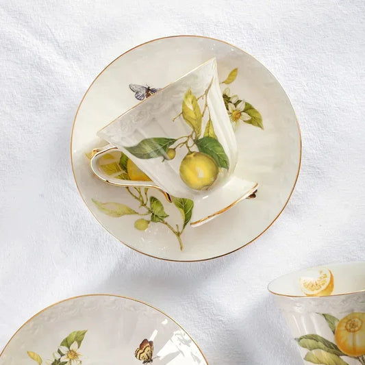 Gold Edge Lemon Teapot Set - Ceramic Mug & Saucer Collection - Kailani Coffee & Tea Co.