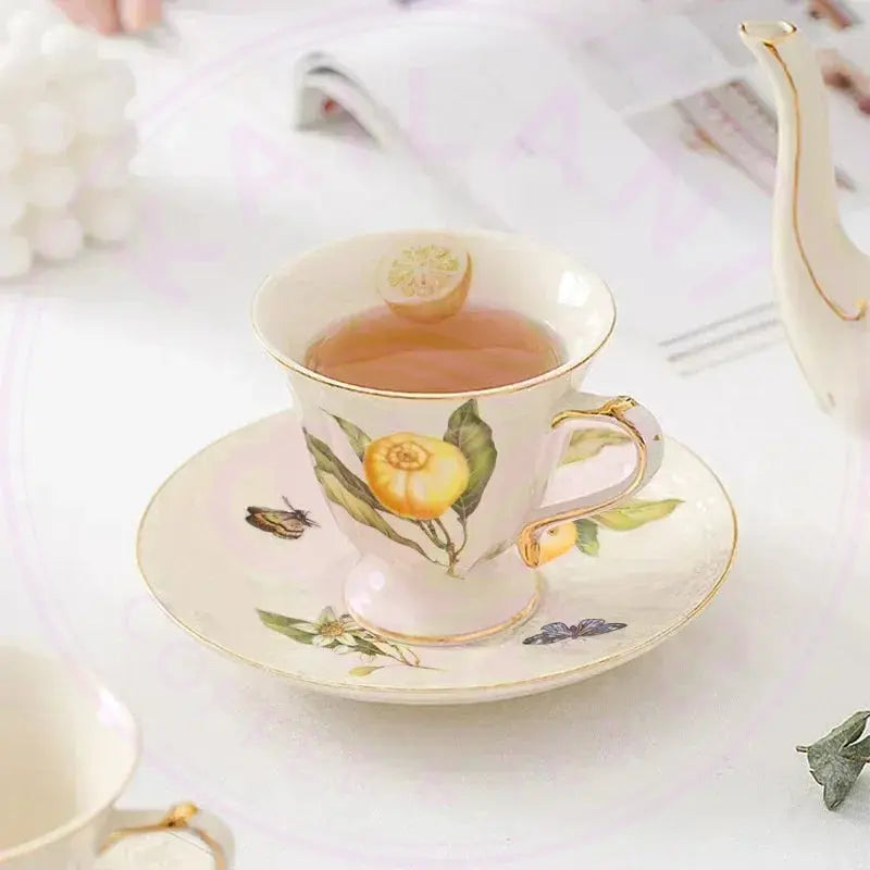 Gold Edge Lemon Teapot Set - Ceramic Mug & Saucer Collection - Kailani Coffee & Tea Co.