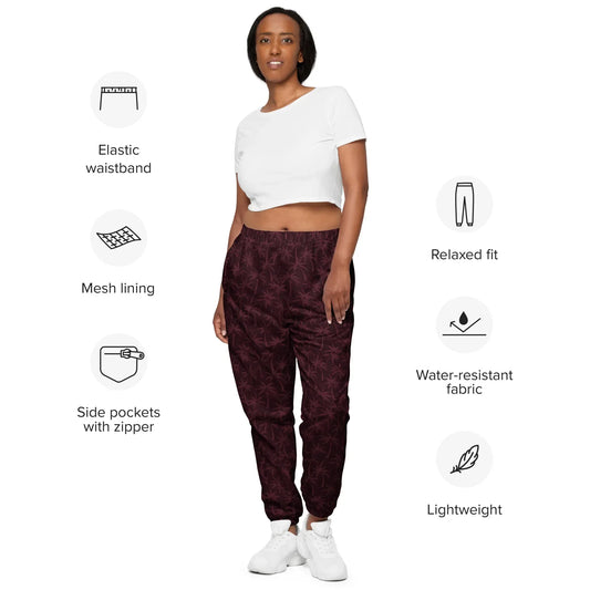 Burgundy Palms Unisex Track Pants - Water-Resistant Athletic Joggers - Kailani Coffee & Tea Co.