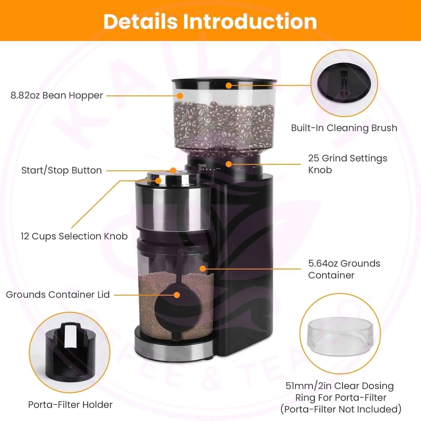 Conical Bur Coffee Bean Electric Grinder with 25 Grind Settings