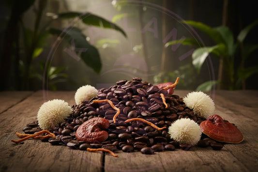 Kailani Coffee with Mushrooms - Pile of dark roasted coffee beans  with Lion's Mane, Cordyceps, and Reishi mushrooms scattered on top.