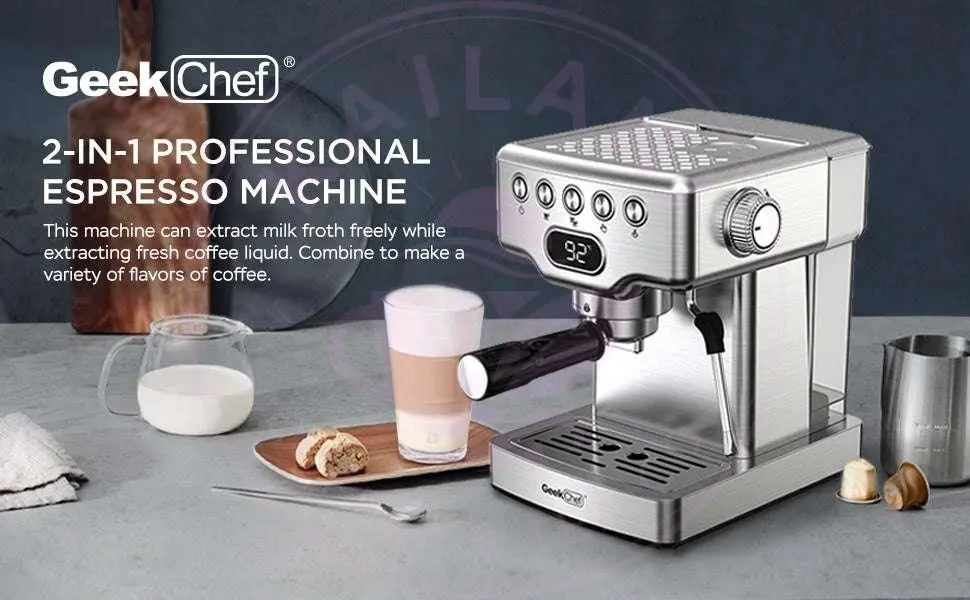 Geek Chef Espresso Machine, 20 Bar Espresso Machine With Milk Frother For Latte, Cappuccino, Macchiato, For Home Espresso Maker, 1.8L Water Tank, Stainless Steel, Ban On Amazon Royalessencelux