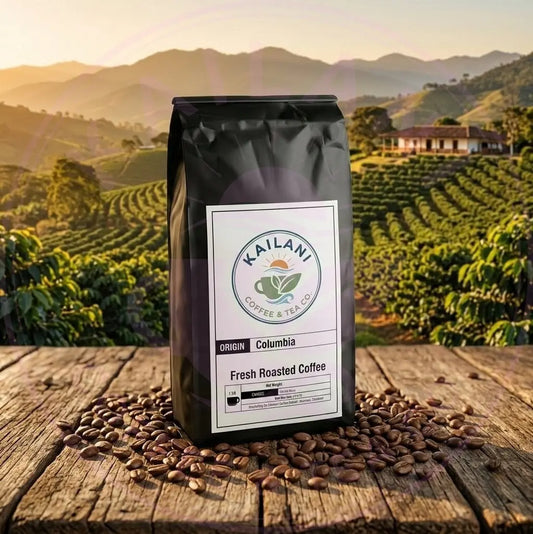 Kailani Coffee Columbia single origin coffee bag on old wood table with medium roast coffee beans and a scenic view of a Columbian coffee plantation 
