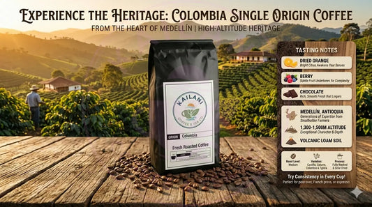 Kailani Coffee Columbia single origin coffee bag on old wood table with medium roast coffee beans and a scenic view of a Columbian coffee plantation - Includes product information
